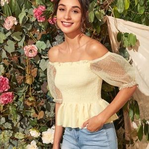 Dobby mesh puff sleeve shirted peplum top yellow